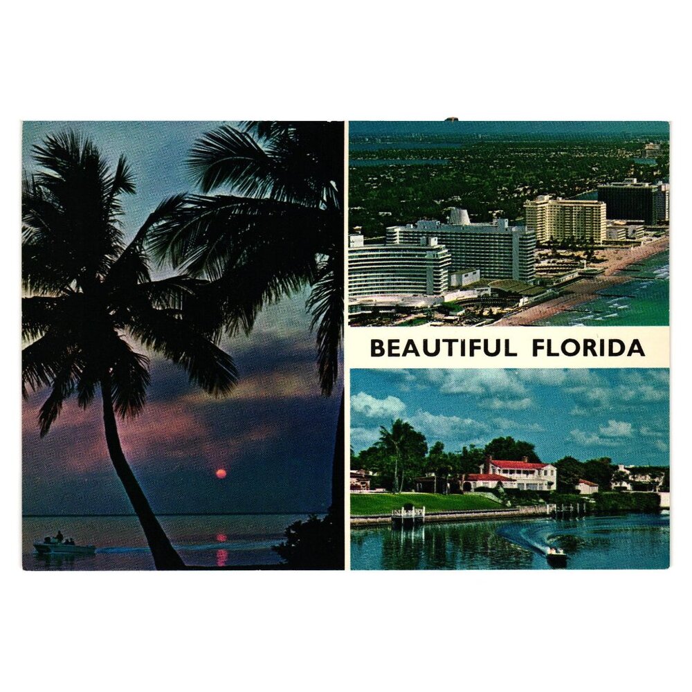 Vintage Postcard Montage Florida Tropical Sunset Oceanfront Hotels Canal Homes